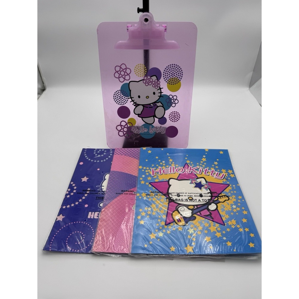 VTG 2001 Sanrio Hello Kitty Pink Clipboard Clear Plastic 9"x 12.5" + 3‎ Folders!
